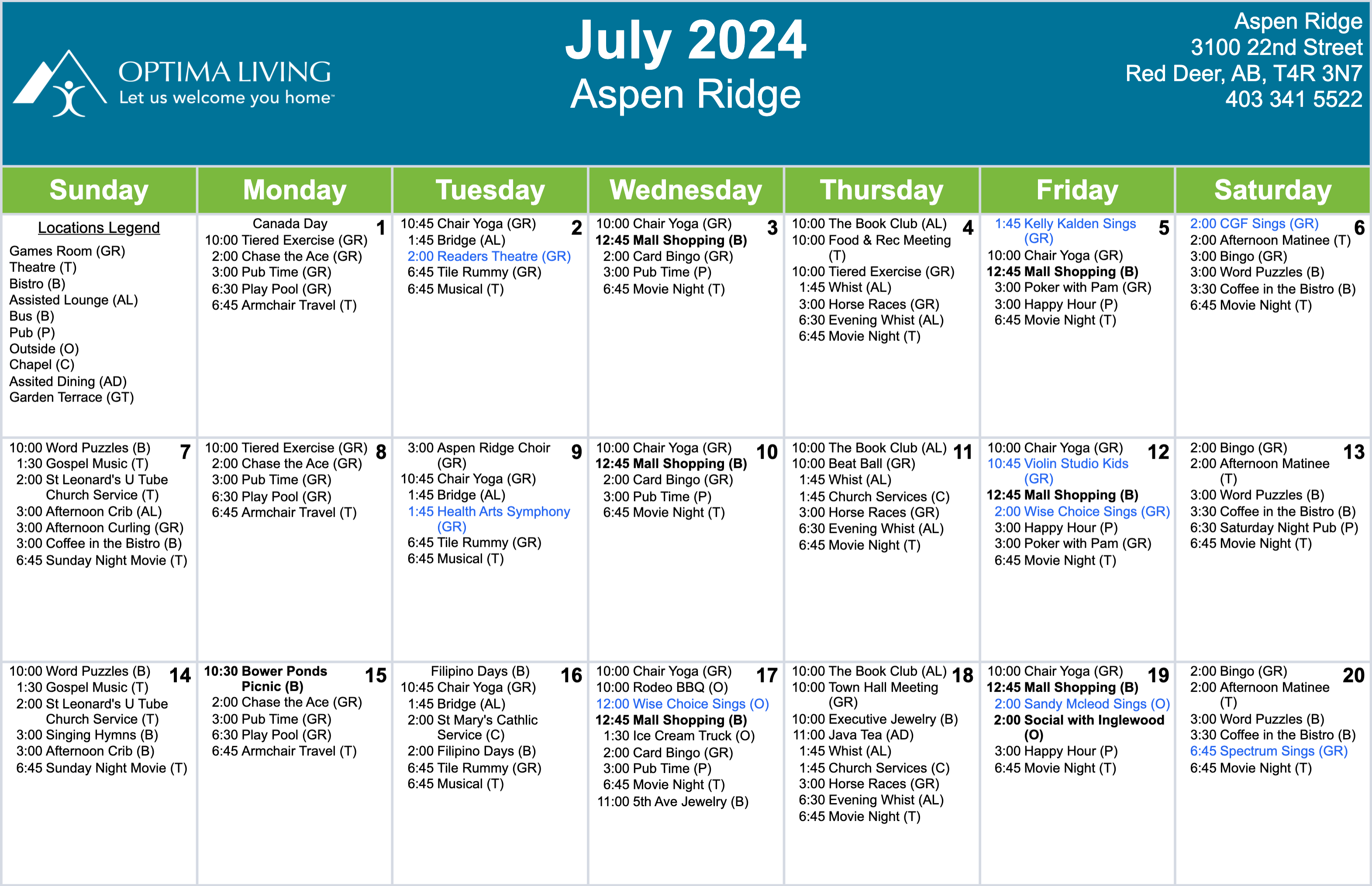 Aspen Ridge July 1 - 20 2024 event calendar
